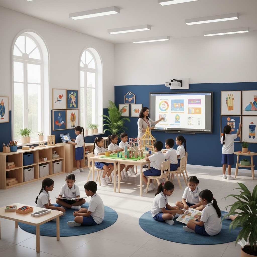 A school building stands against the backdrop of a clear sky