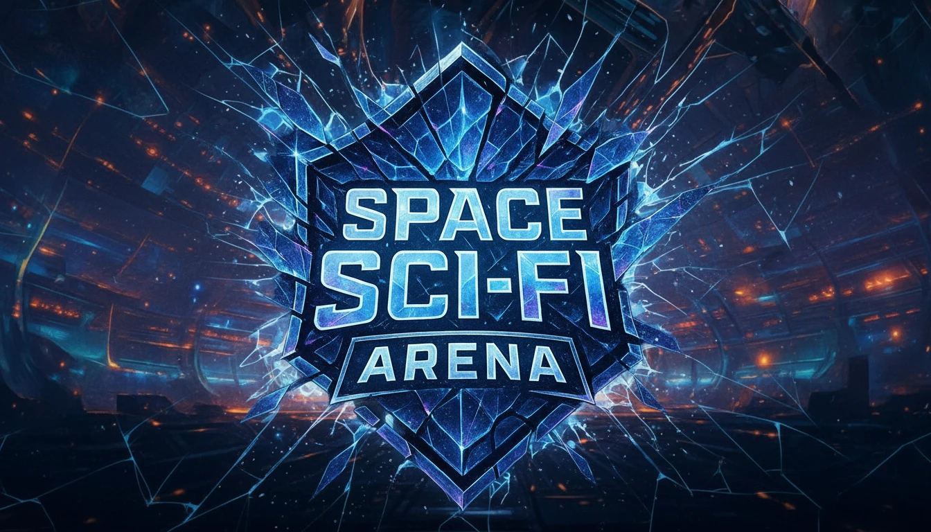 A futuristic logo displaying the words "Space Sci-Fi Arena" is set against a dynamic background of glowing, shattered glass and abstract, illuminated circuitry, evoking a high-tech, cosmic environment.