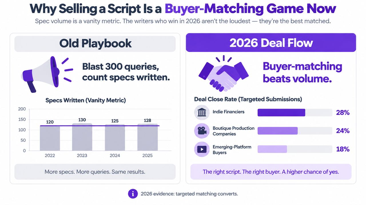 An infographic showing that targeted buyer-matching is more effective than high-volume script submissions for screenwriters.