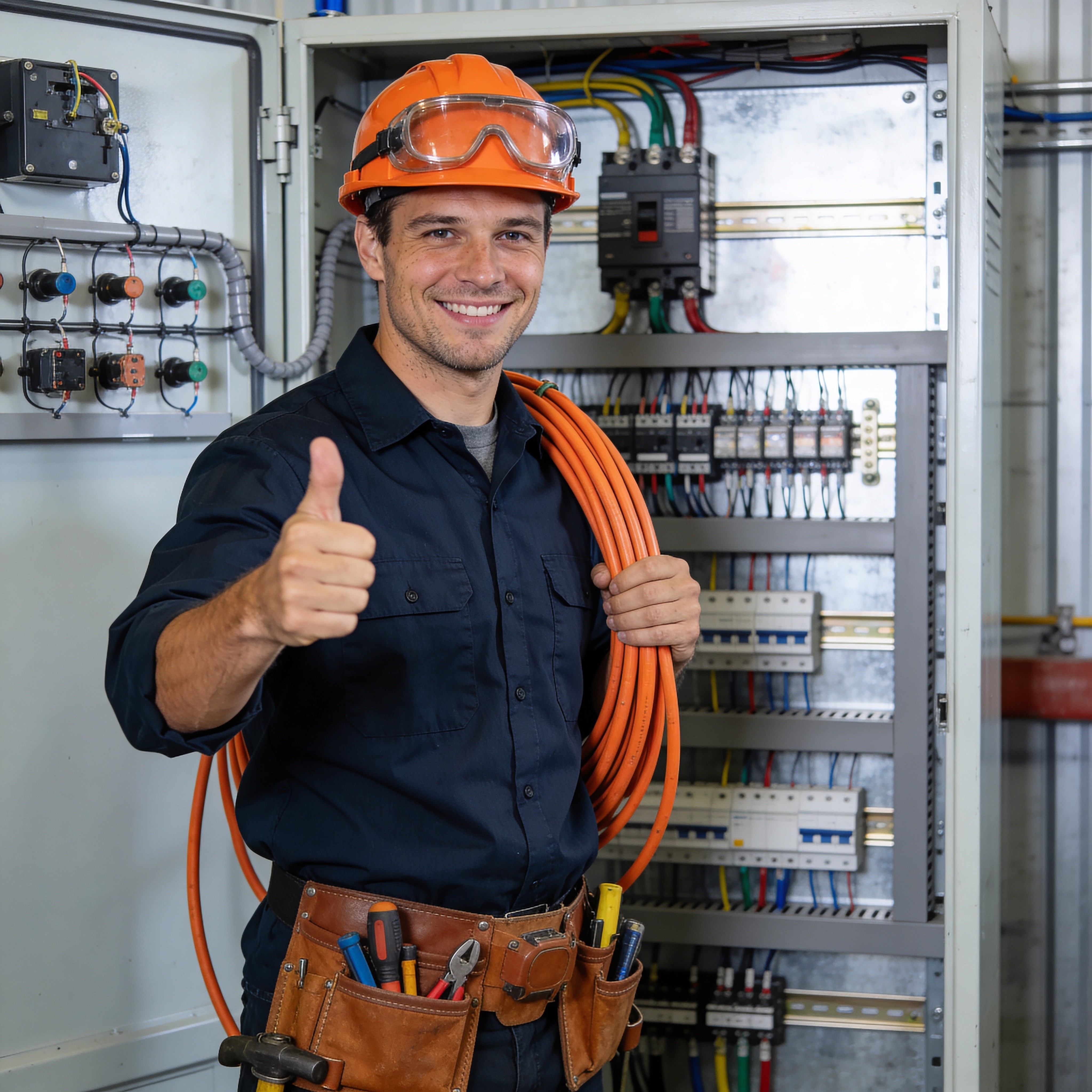 Certified electrician giving thumbs up holding cable coil in front of electrical control panel