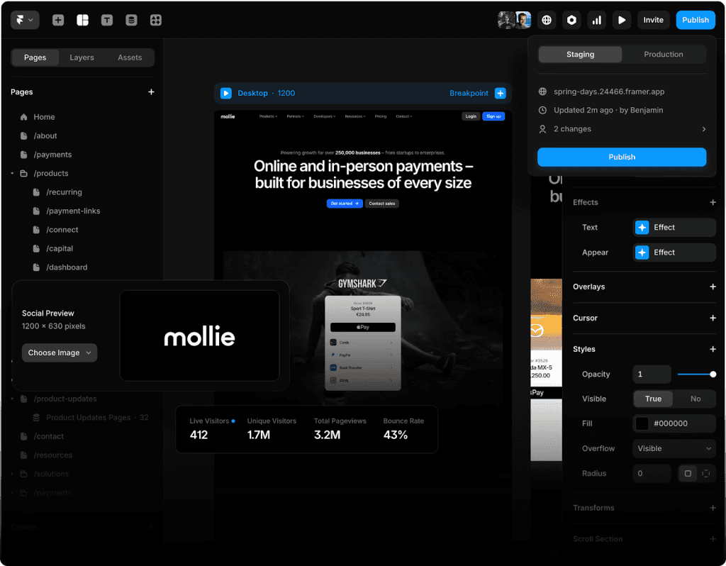 Framer-Editor mit einer Payment-Website, Social Preview, Live-Besucherstatistik und Staging-Publish-Panel