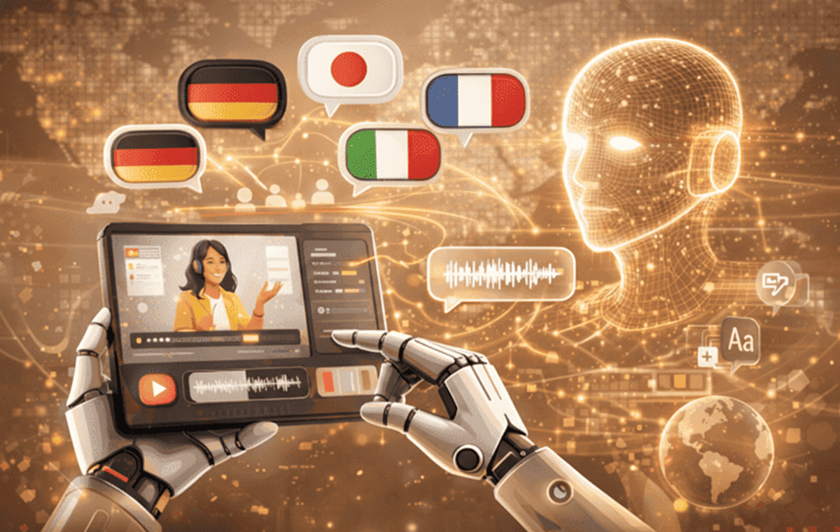 Robotic hands using a tablet for AI video dubbing with global flags and a digital AI head