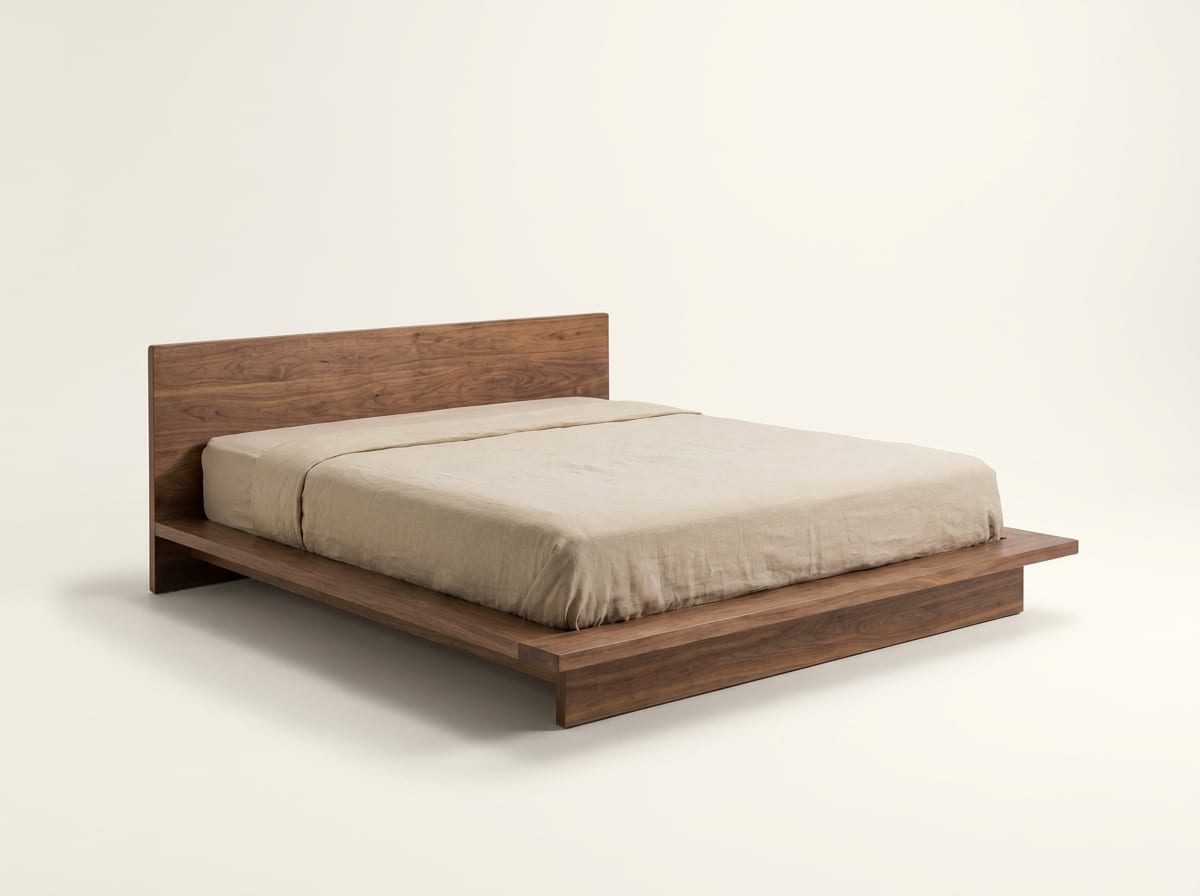 Niedriges Plattformbett aus dunklem Nussbaumholz mit breitem Kopfteil und beiger Leinenbettwäsche vor hellem Hintergrund