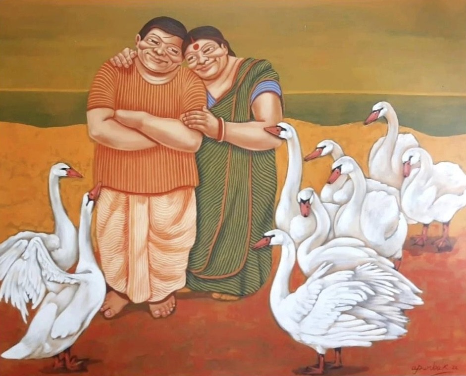 herd of sheep on road painting