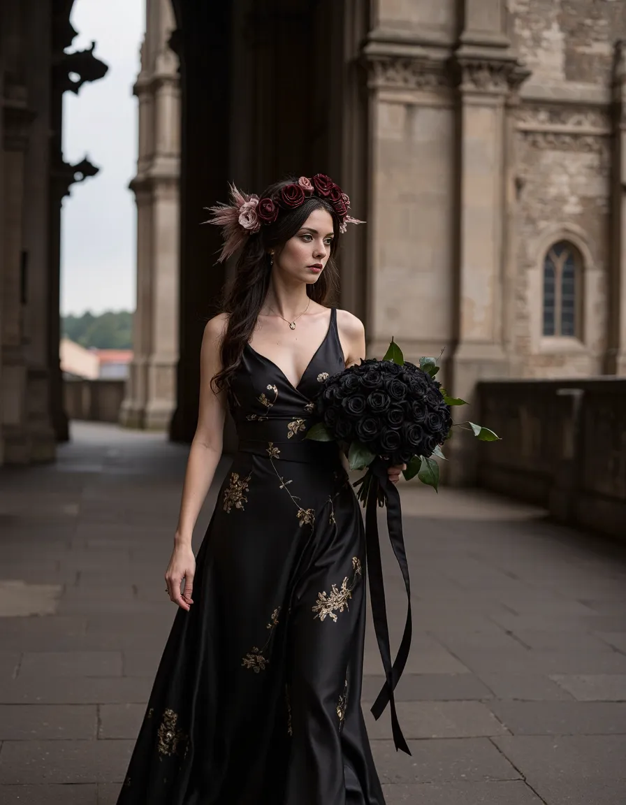 Figure in elegant black gown with gold details holding bouquet of black roses against historic stone architecture, wearing burgundy floral crown