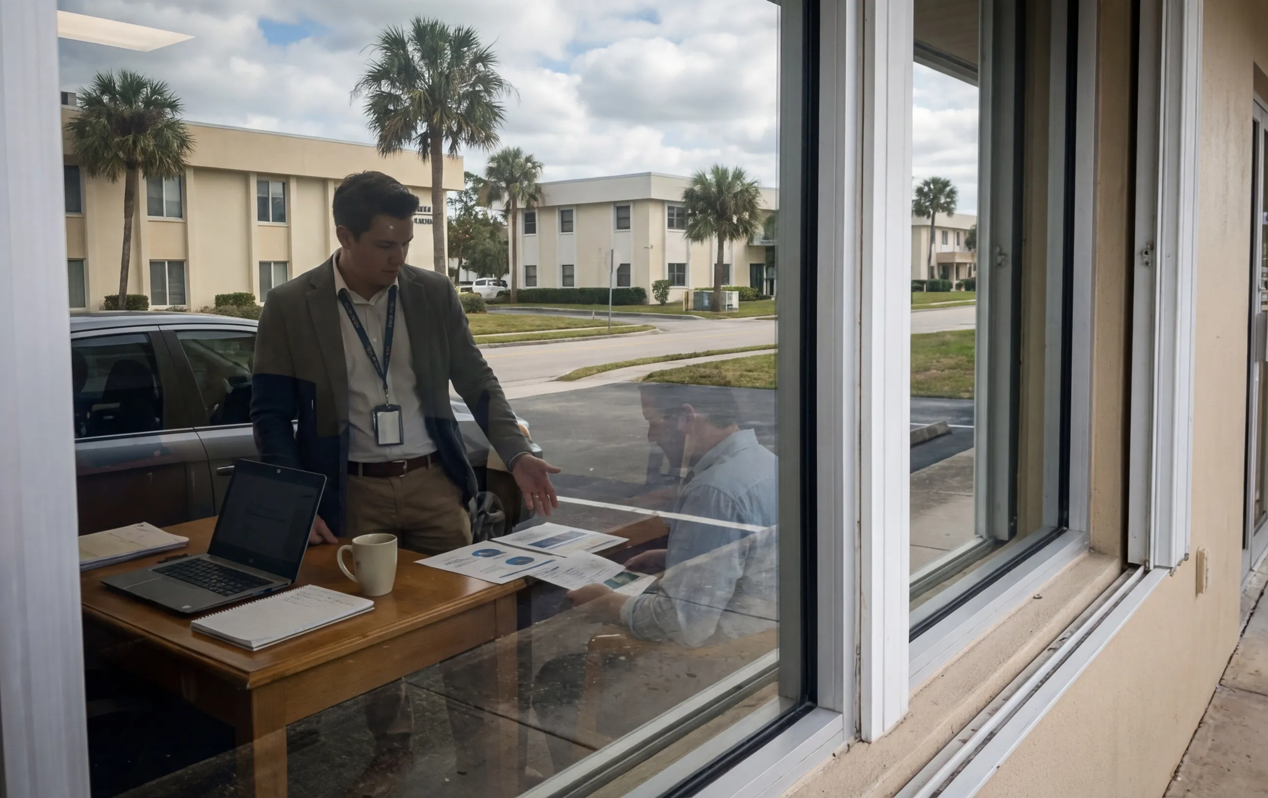 Meeting at RockN' Socials Digital Marketing Agency office, viewed through window.