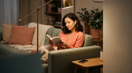 A woman reading on a sofa by a lamp in the evening