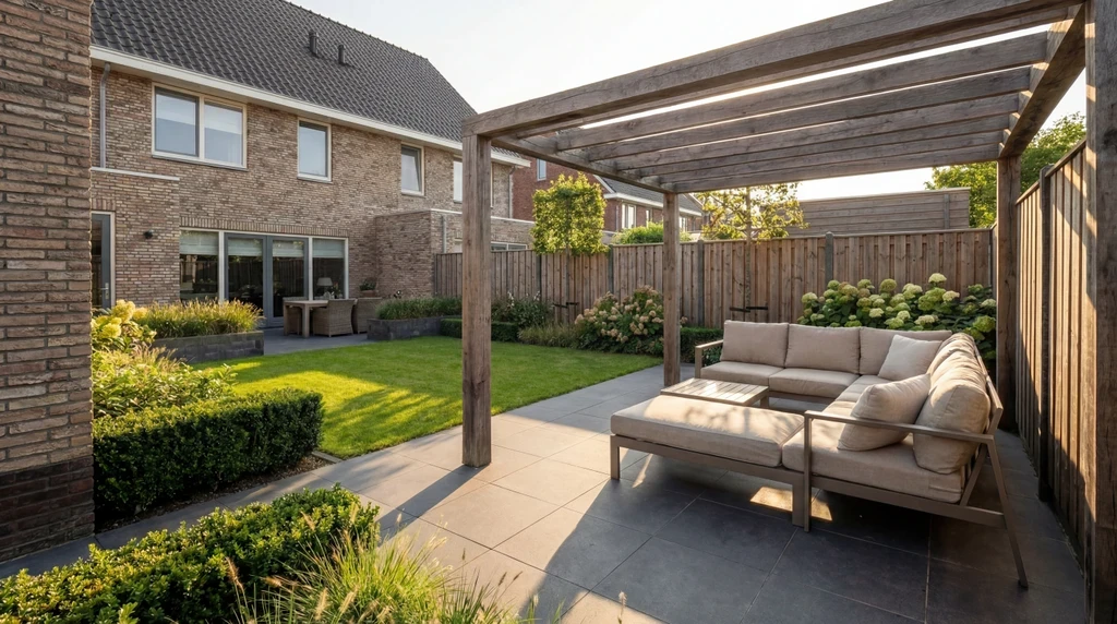 Moderne achtertuin met houten pergola, loungeset en grasveld aan een bakstenen huis.