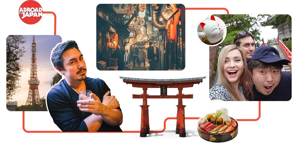 Chris Broad from Abroad in Japan joined by Sharla and Natsuki, with landmarks like Tokyo Tower, Fushimi Inari Torii gate, and Mount Fuji—showcasing reliable eSIM coverage across Japan.