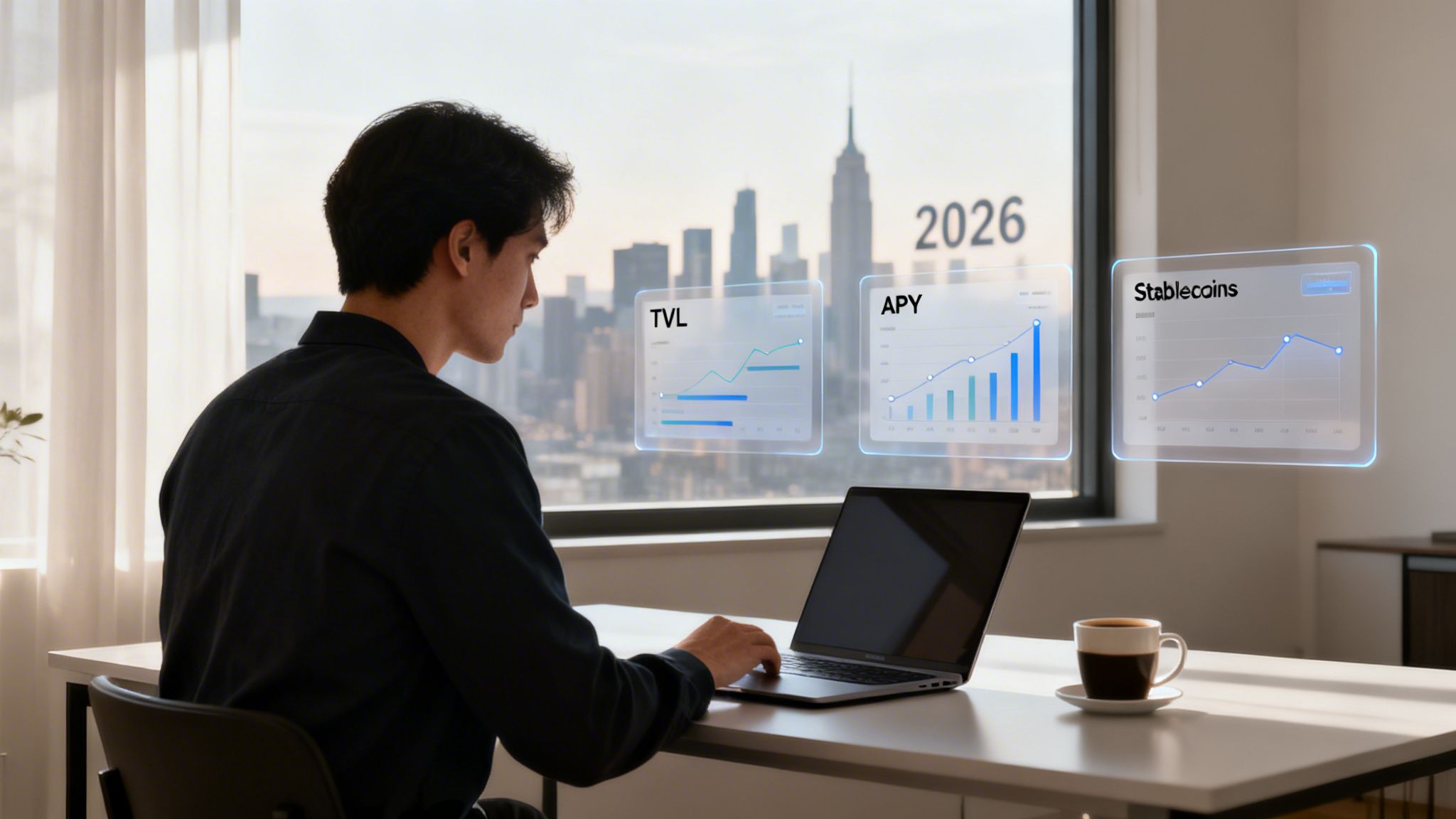 A man analyzes DeFi charts (TVL, APY, Stablecoins) projected above his laptop against a city skyline.