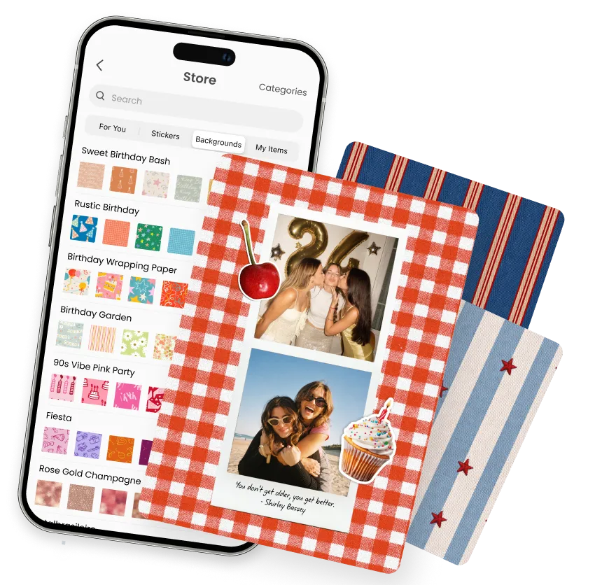 Phone showing a digital scrapbook page with photos, stickers, and 'More days like this, please' text