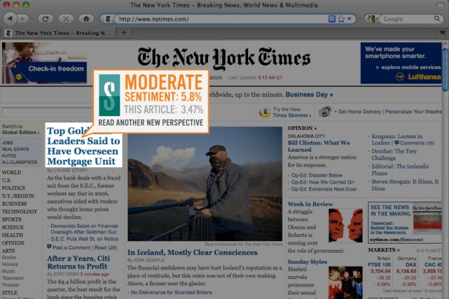 A screenshot of the New York Times website shows a headline reading "Top Gold Leaders Said to Have Overseen Mortgage Unit," accompanied by a photo of a man in a gray jacket and cap. The article is marked as "Moderate Sentiment: 5.8%" with a "3.47%" read in another article. A banner at the top reads "The New York Times — Breaking News, World News & Multimedia." The browser's address bar shows "http://www.nytimes.com/" and indicates the site is active. The New York Times logo is visible at the top, and a sidebar lists categories like "World," "Politics," "Business," and "Technology." Other headlines and articles are partially visible, including one about Iceland's financial meltdown and another about Sunday styles.