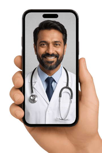 Doctor holding phone for telehealth
