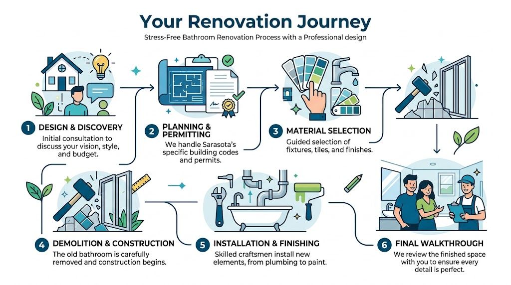 A six-step infographic illustrating the professional bathroom renovation process in Sarasota, from design to final walkthrough.