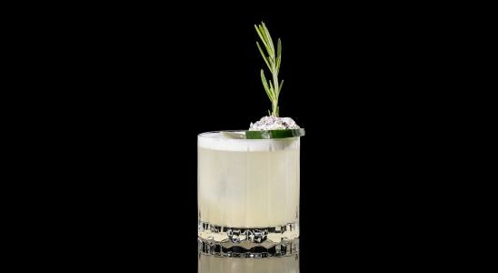 A closeup of a Sweet, Year Round Starry Night drink against a dark background.