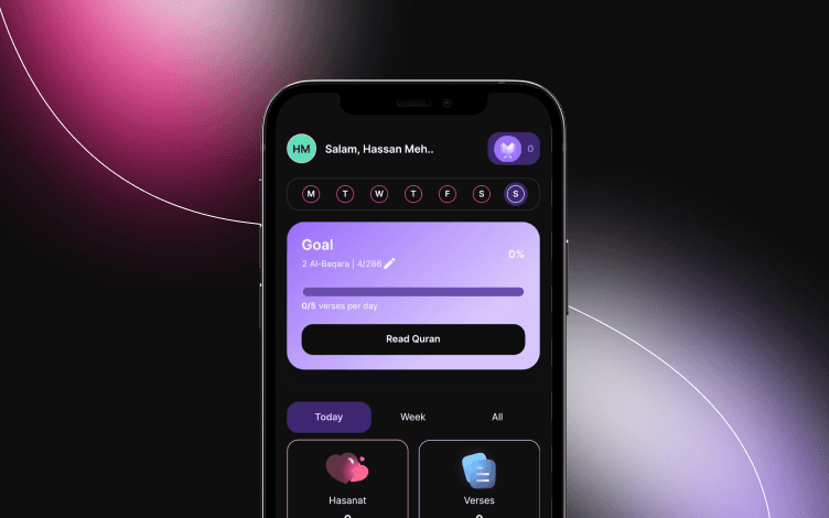 Quranly App Dashboard: Modern and vibrant design set against a dark background.