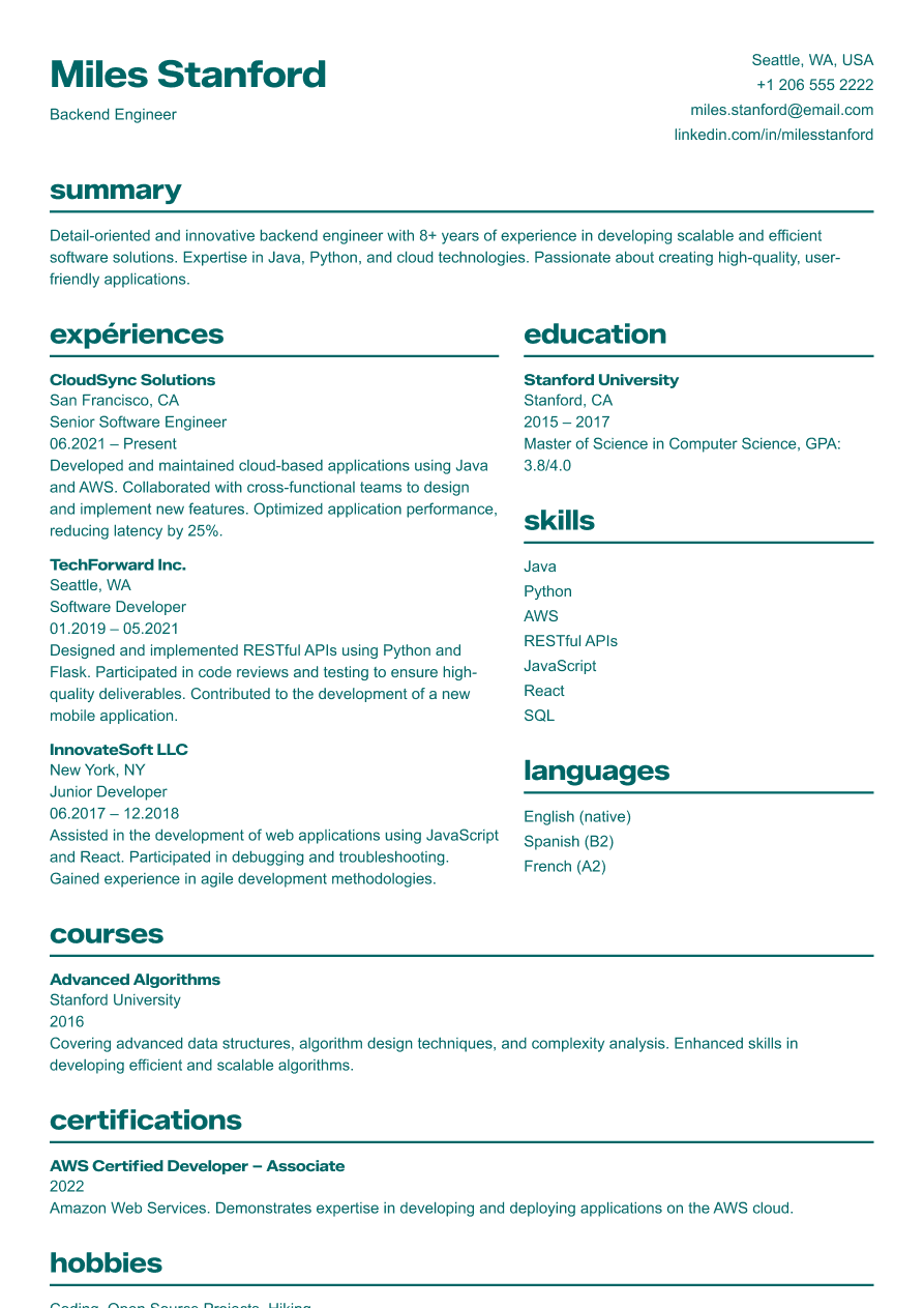 Backend software engineer resume example highlighting APIs, databases, and system performance