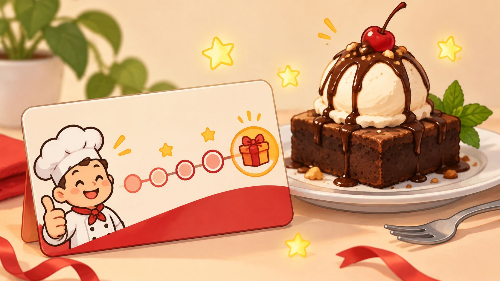 Ilustración de un chef sonriente junto a una tarjeta de recompensas navideñas y un delicioso brownie helado.