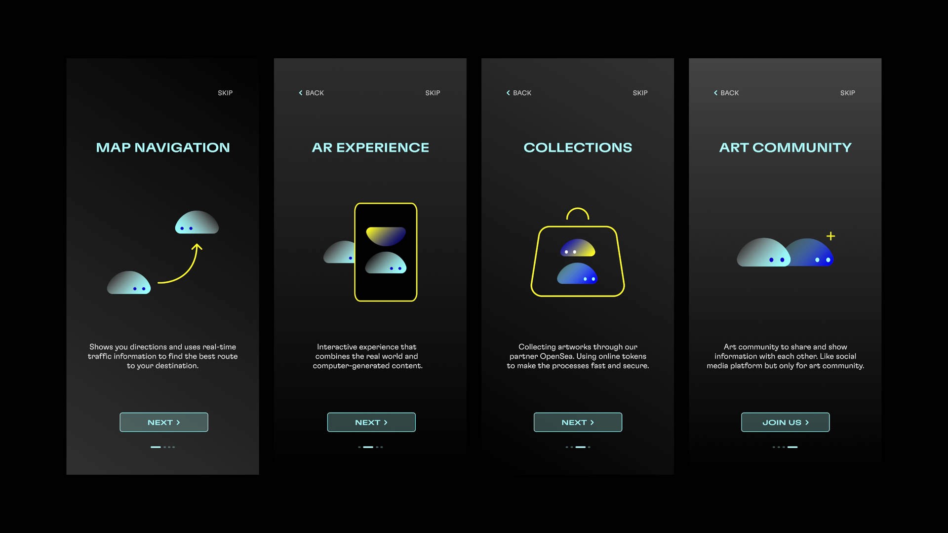 Five dark screenshots showcase different user experiences: “MAP NAVIGATION,” “AR EXPERIENCE,” “COLLECTIONS,” “ART COMMUNITY,” and “JOIN US.” Each displays a stylized cloud icon with a directional arrow, progressing from left to right. Text below each screenshot describes an interactive experience: “Show you directions and uses real-time traffic information to find the best route to your destination.” “Interactive experience that combines the real world and computer-generated content.” “Collecting artworks through our partner OpenSea. Online tokens to make the process fast and secure.” “Art community to share and show information with each other. Like social media platform but only for art community.”