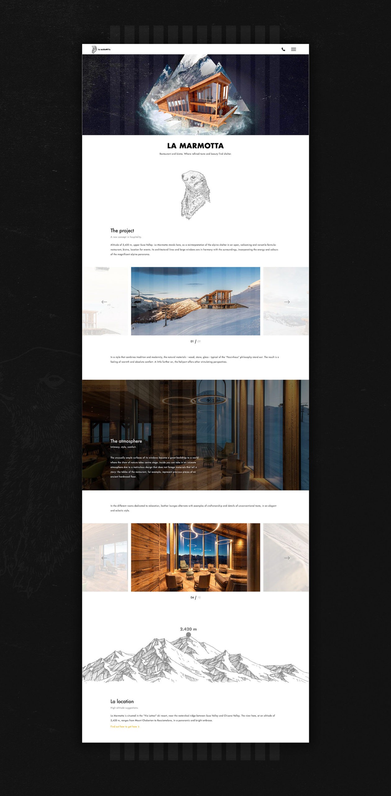 Versione mobile del sito: schede ‘Location’ e ‘The atmosphere’ con immagini immersive e testo leggibile, menu e contatti sempre visibili per chiamare o aprire il menu, ottimizzato per prenotazioni e scoperta da smartphone.