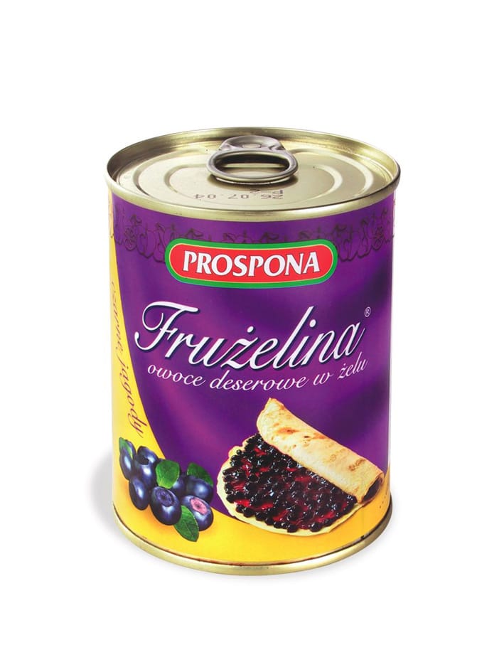 A purple and gold can labeled "Prospona Frużelina," featuring images of vibrant blueberries and a slice of fruit tart, filled with fruit in jelly.