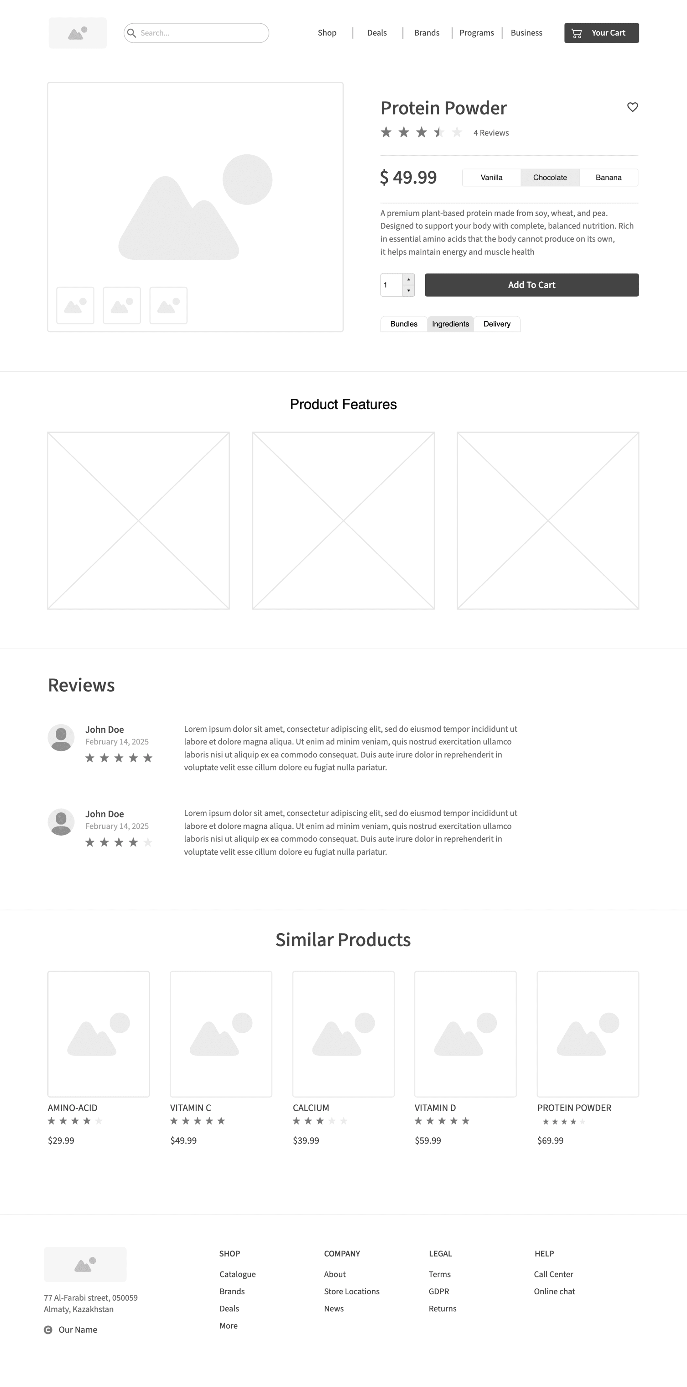 A high-fidelity wireframe of a product detail page featuring a clean layout with sections for product images, descriptions, customer reviews, and a "Similar Products" recommendation carousel