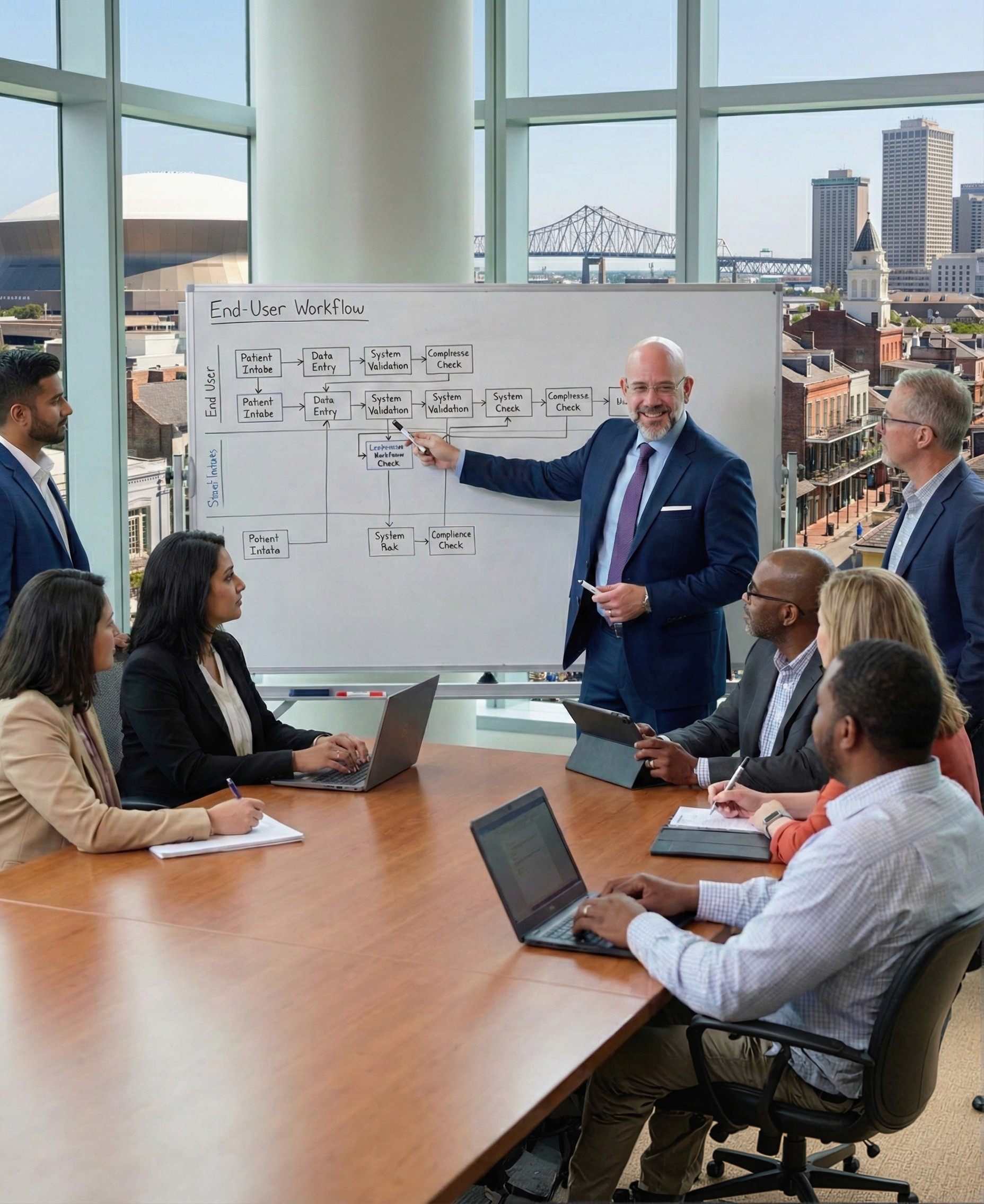 Mark Hennick collaborating with stakeholders to map end-user workflows in a strategic planning session