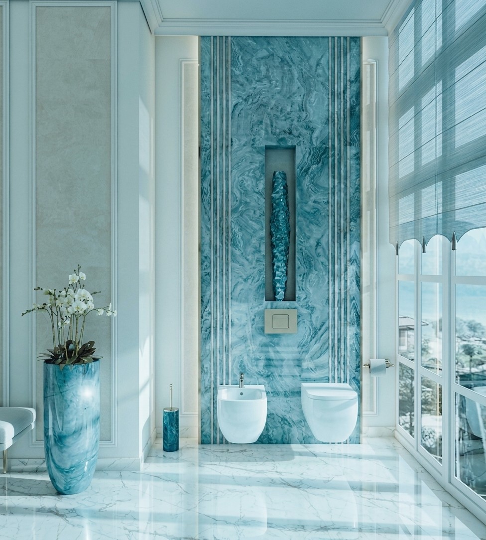 Elegant modern bathroom interior featuring wall-hung toilets.
