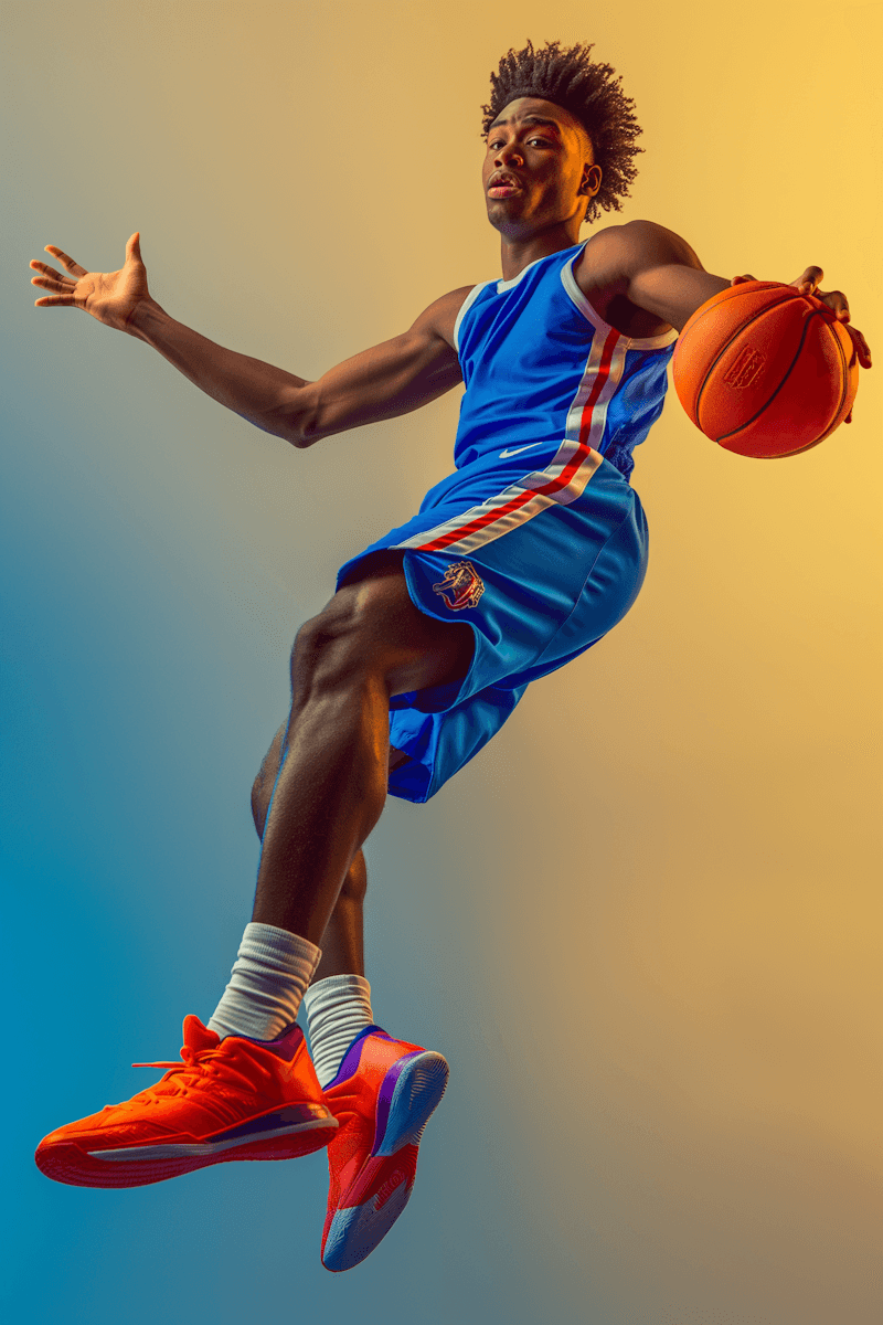 A basketball player mid-air, wearing a blue uniform and red shoes, preparing to make a jump shot.