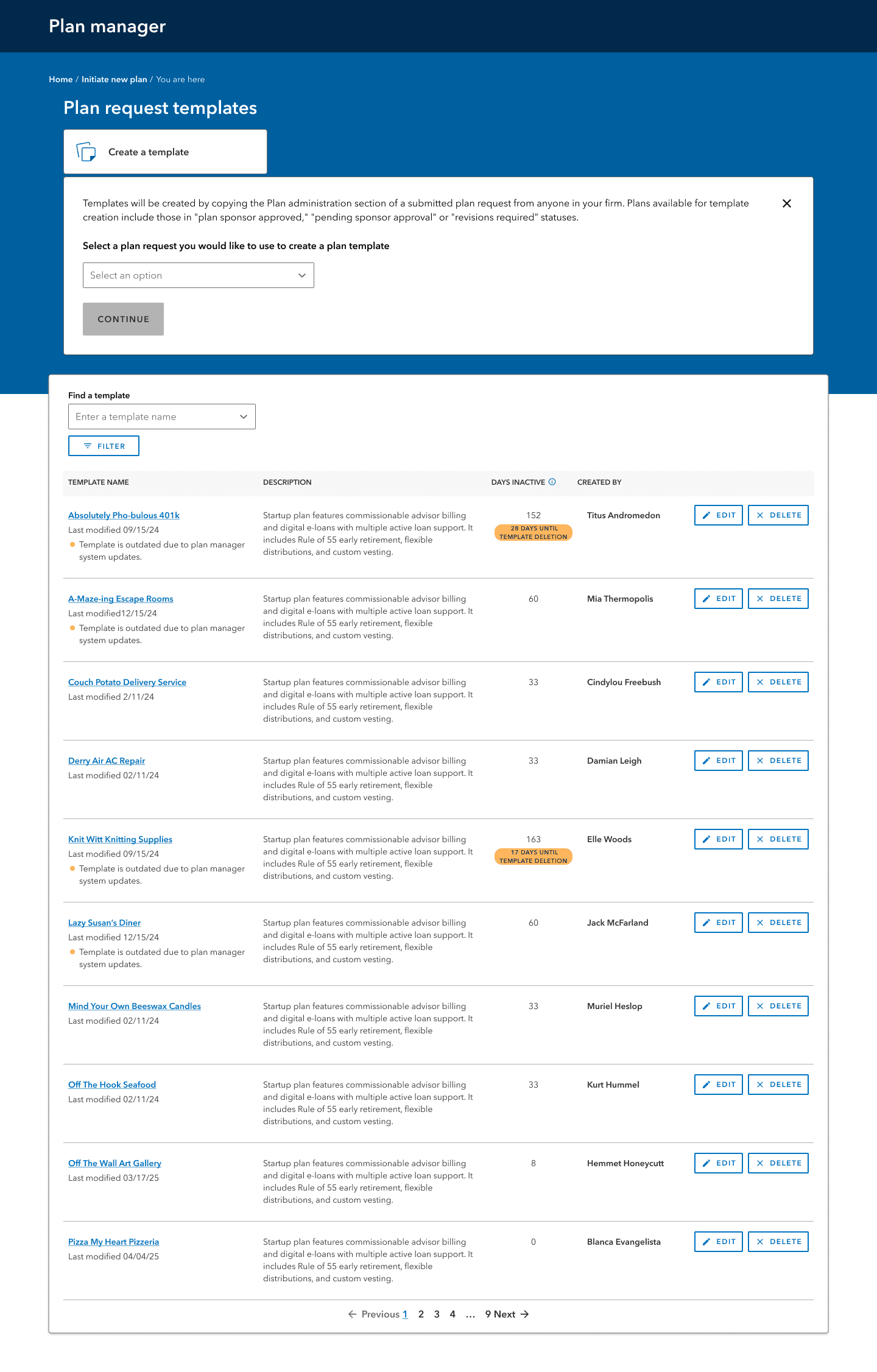 Templates page with "crate a template" dropdown displayed.