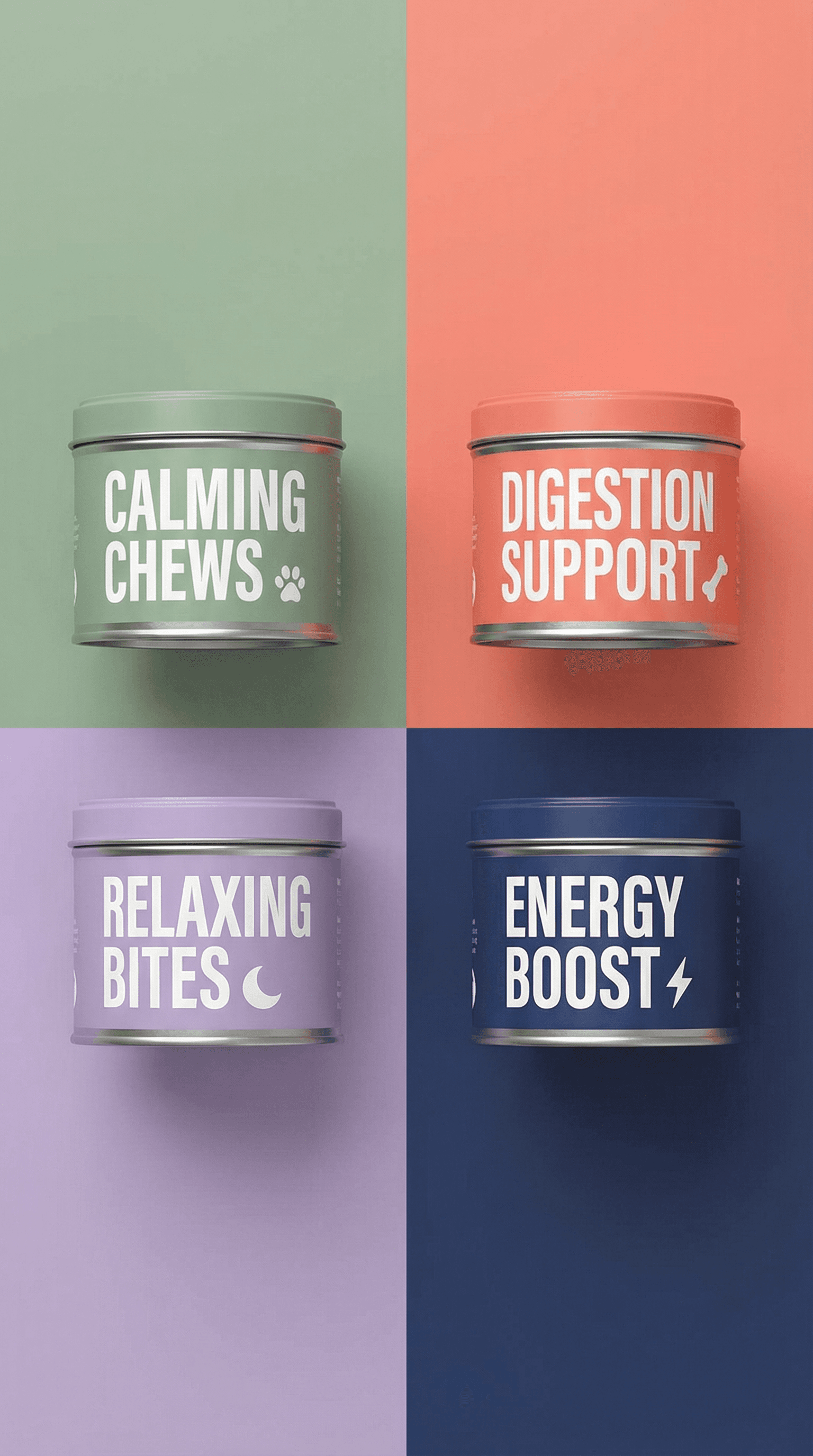 Four pet supplement tins on color-block backgrounds: calming chews, digestion support, relaxing bites, energy boost