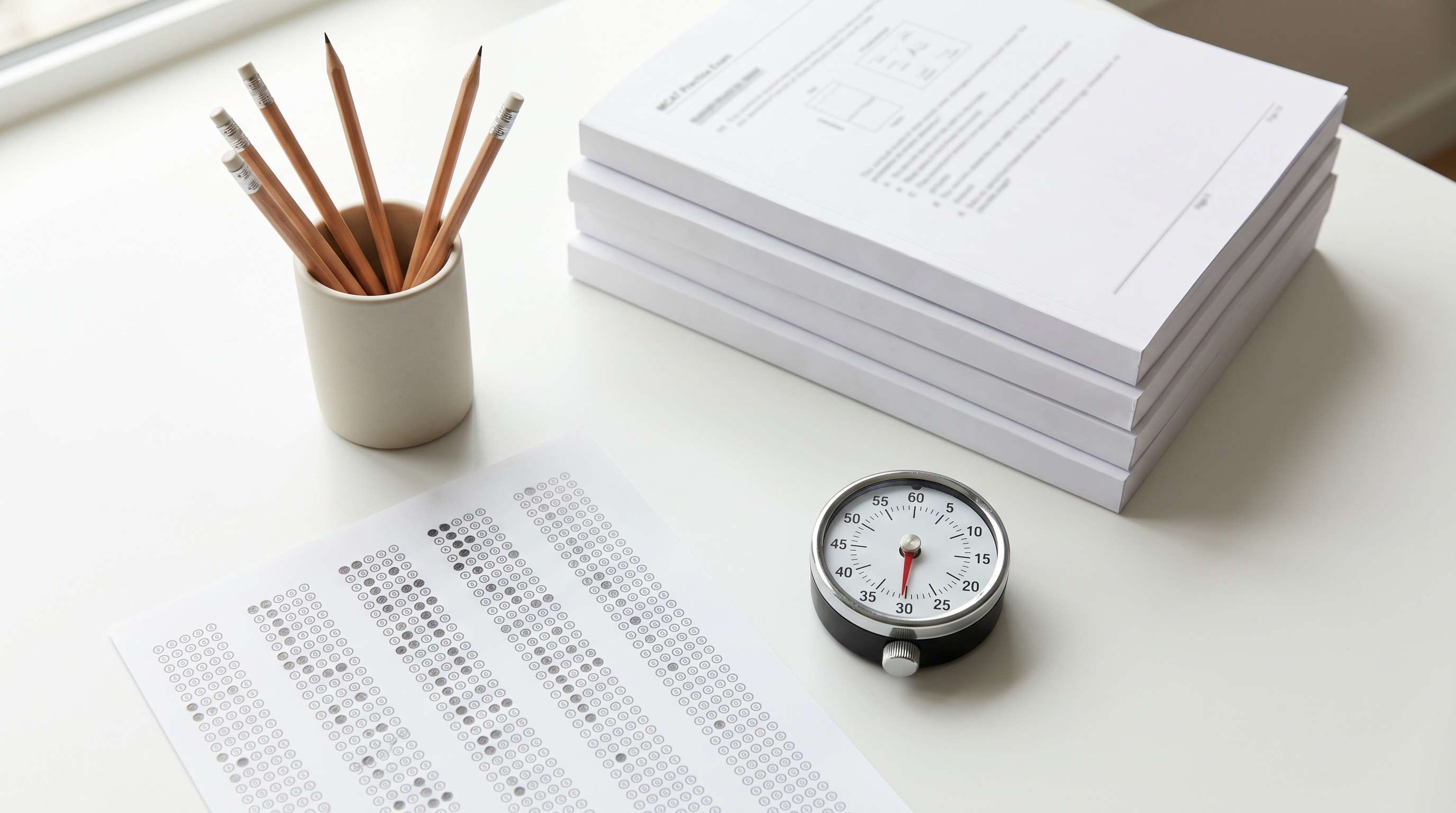 Desk with MCAT practice packets and a timer