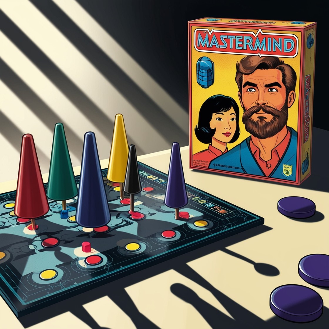 Retro-futuristic illustration of Mastermind game setup with iconic box art characters