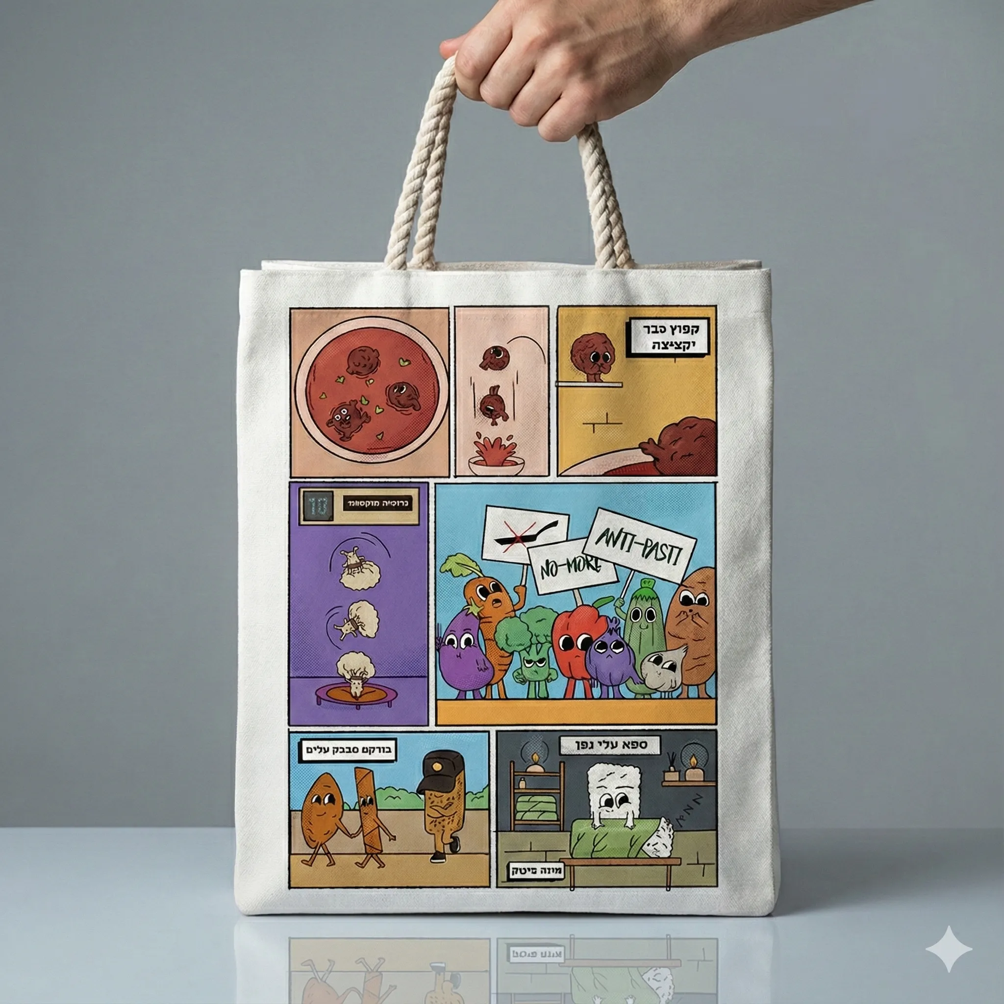 Canvas tote bag featuring colorful comic-style illustrations for the OH MAMA food delivery brand.