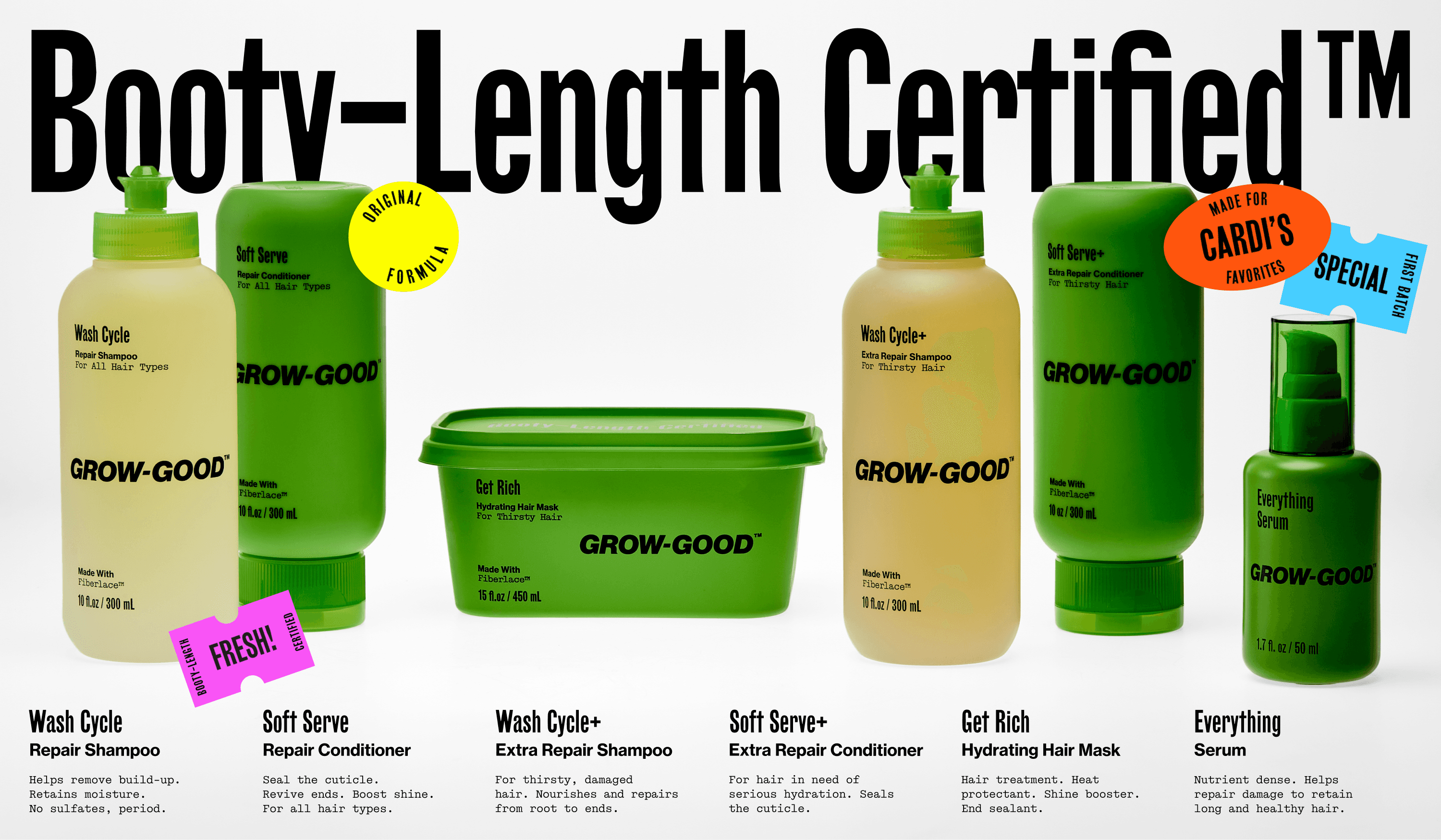 Grow-Good Beauty full product range — Wash Cycle, Soft Serve, Get Rich, Everything Serum in Bronx-inspired stock packaging
