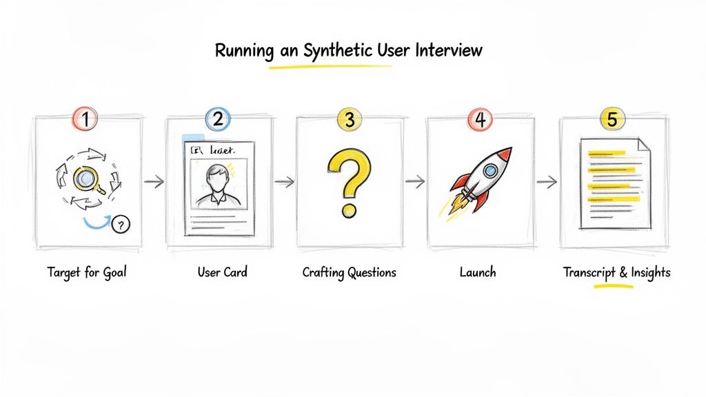A step-by-step diagram illustrating the process of running a synthetic user interview.