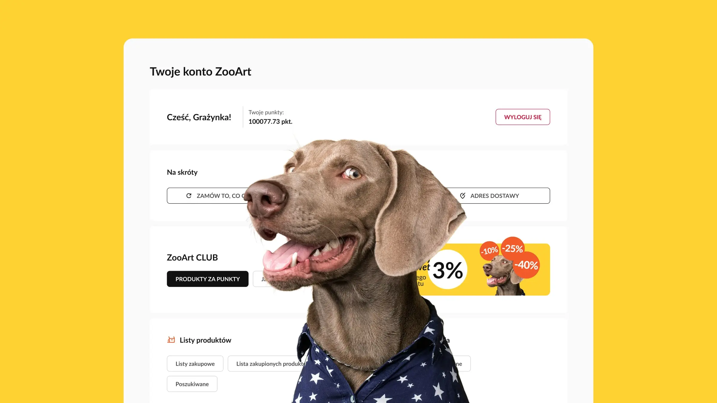 User account dashboard UI design for ZooArt pet store, featuring loyalty points, quick navigation links, and animal-themed imagery.