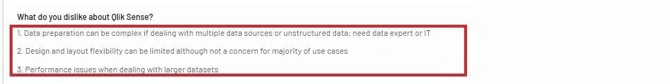User feedback pointing out Qlik Sense limitations with complex data preparation and performance