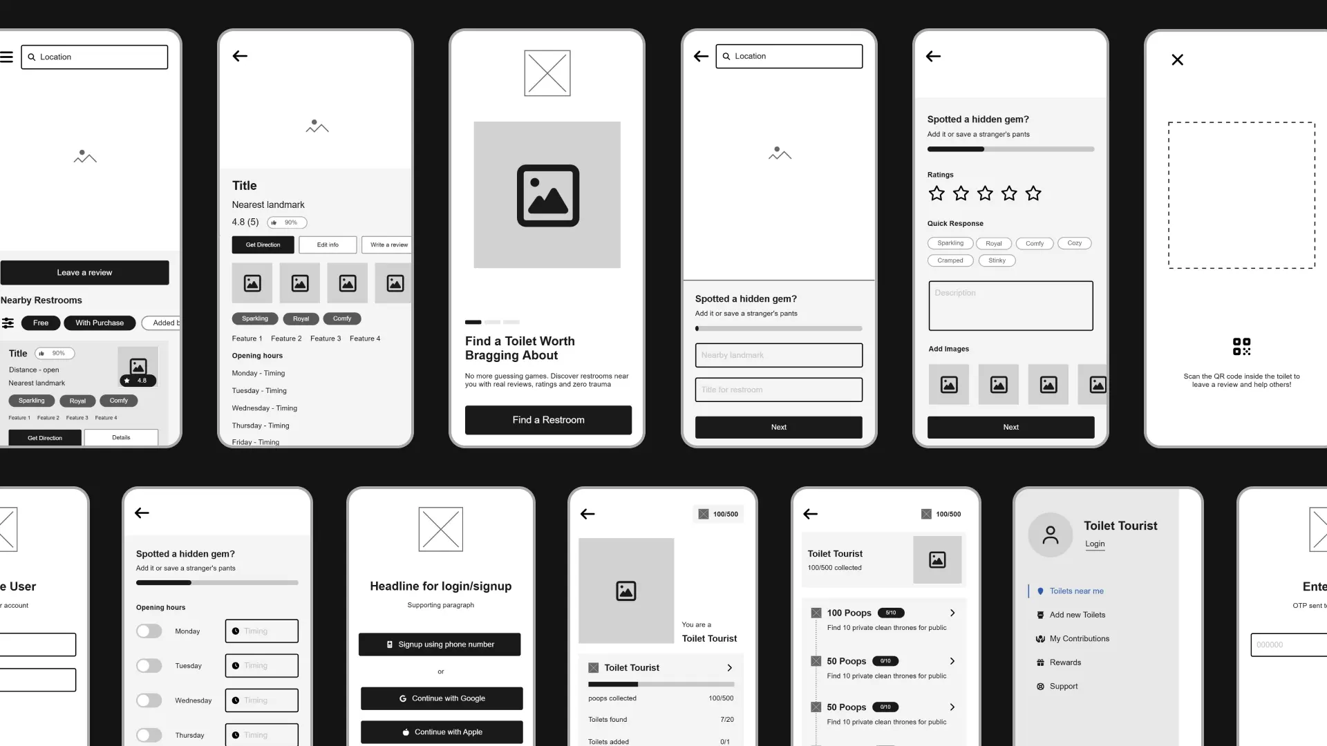 Low-fidelity wireframes for the Pooping in Public app, showcasing the initial structural layout of the map and search interface.