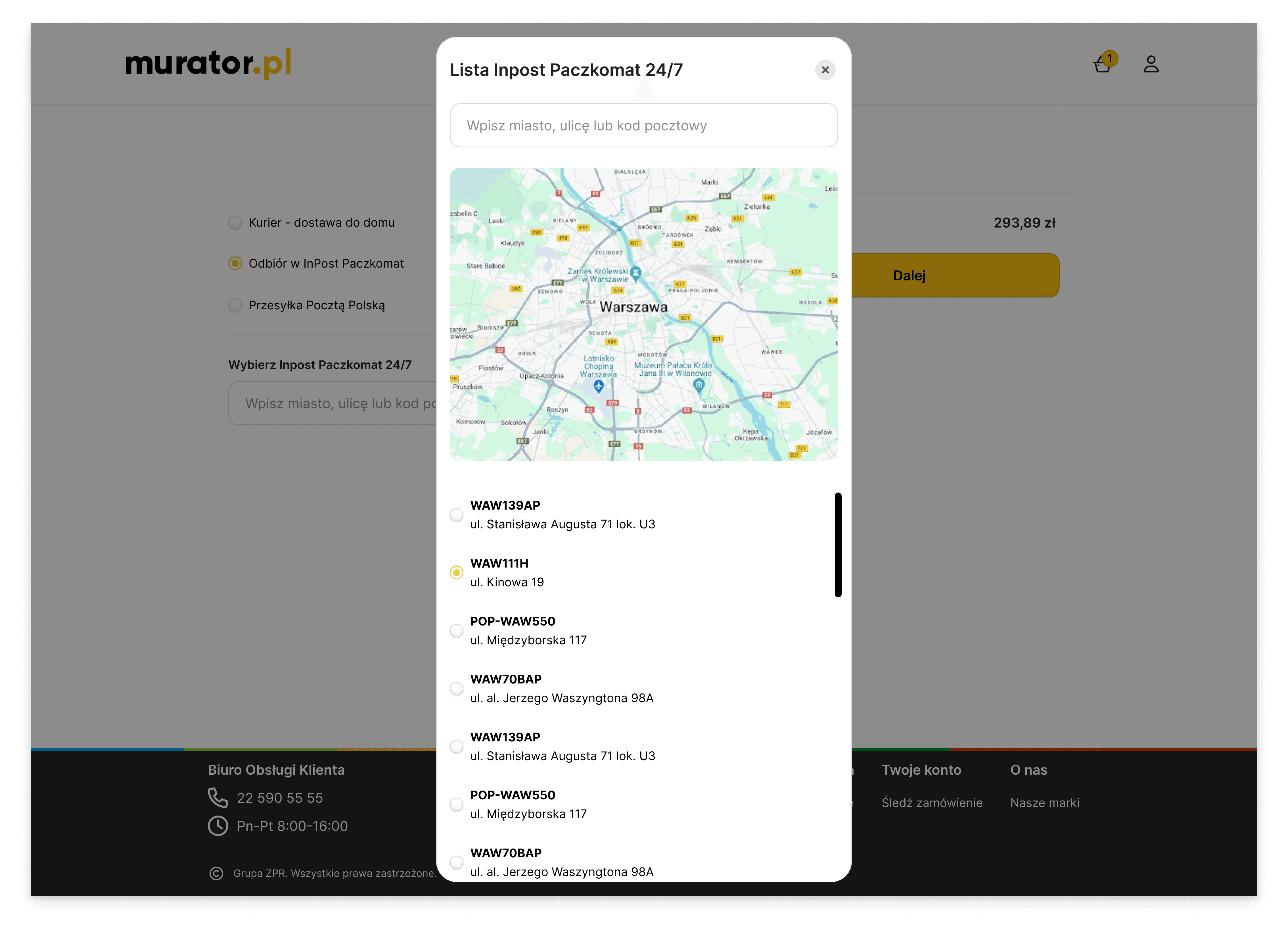 Desktop modal for Murator featuring an interactive InPost Parcel Locker selection tool, including a search bar for city or zip code, an integrated map of Warsaw, and a list of available locker locations with specific addresses.