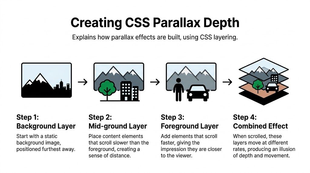 An infographic illustrating the four-step process for creating a parallax scrolling effect using CSS layers.