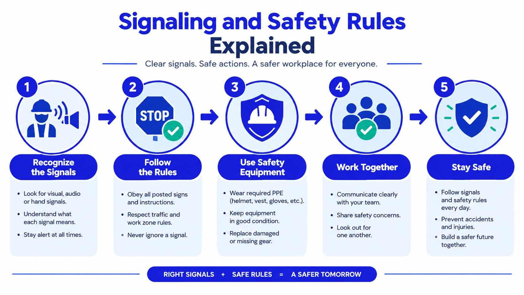 An infographic titled Signaling and Safety Rules Explained, illustrating five essential steps for maintaining workplace safety.