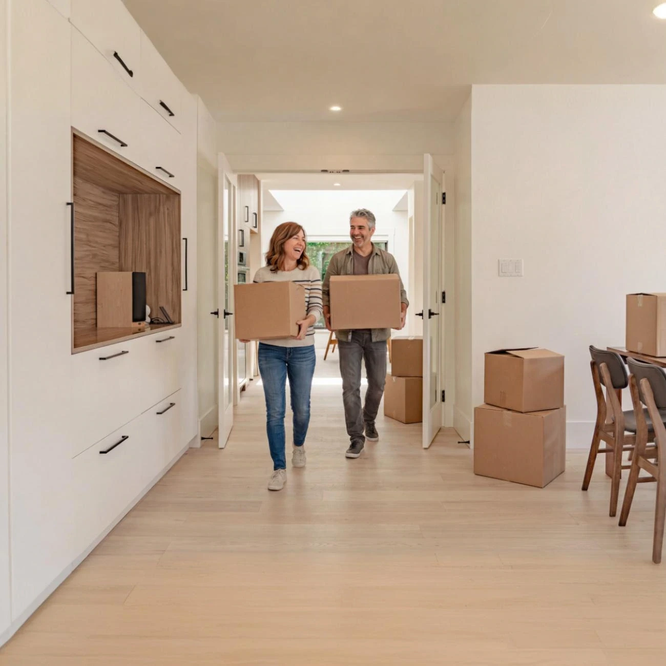 Couple carrying boxes inside their newly completed custom home interior