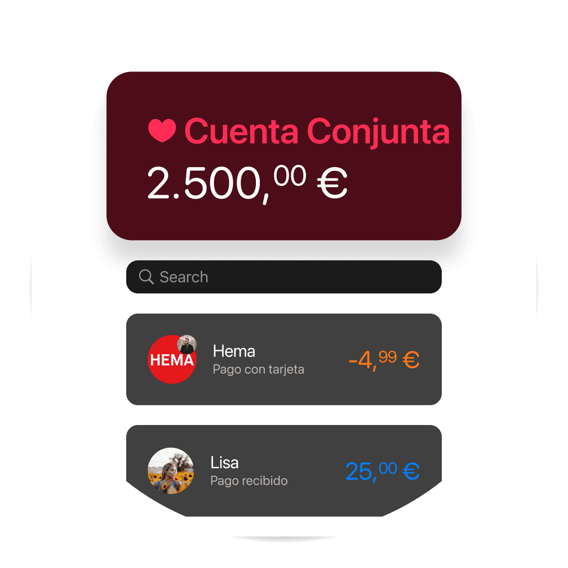 Gráfico que muestra un saldo de cuenta conjunta de 2.500 € con opciones para transacciones y cuentas vinculadas.