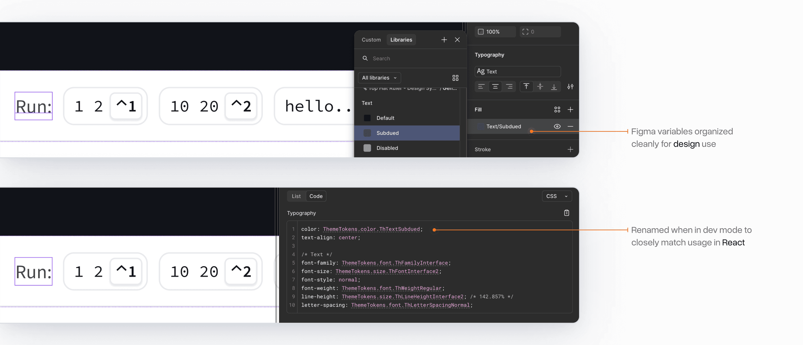 Side-by-side screenshots showing a UI component using color and typography tokens, with Figma variables for designers on top and matching React code snippets via Code Connect for engineers below.