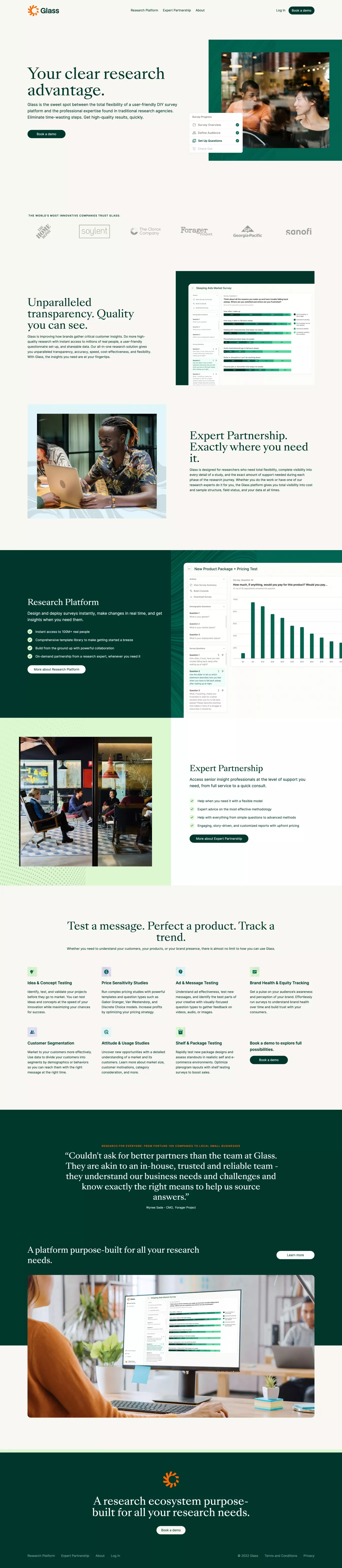 Glass landing page screenshot showcasing Tech and Marketing design
