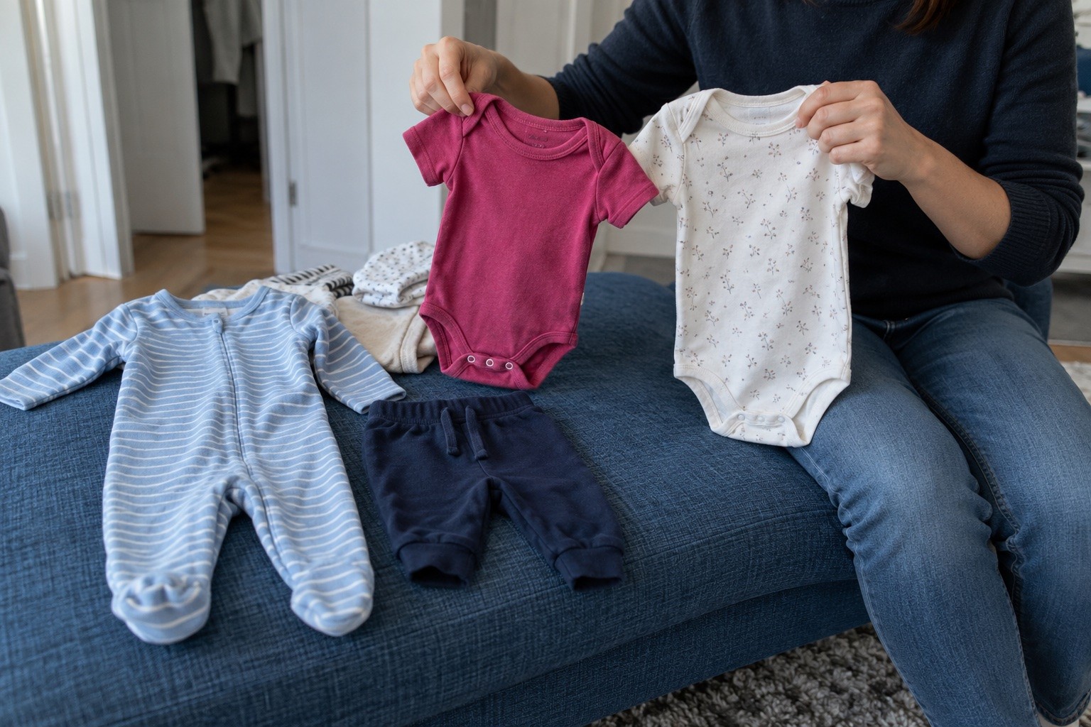 Un adulte compare deux bodies sur une banquette bleue, près de vêtements de bébé dépliés.