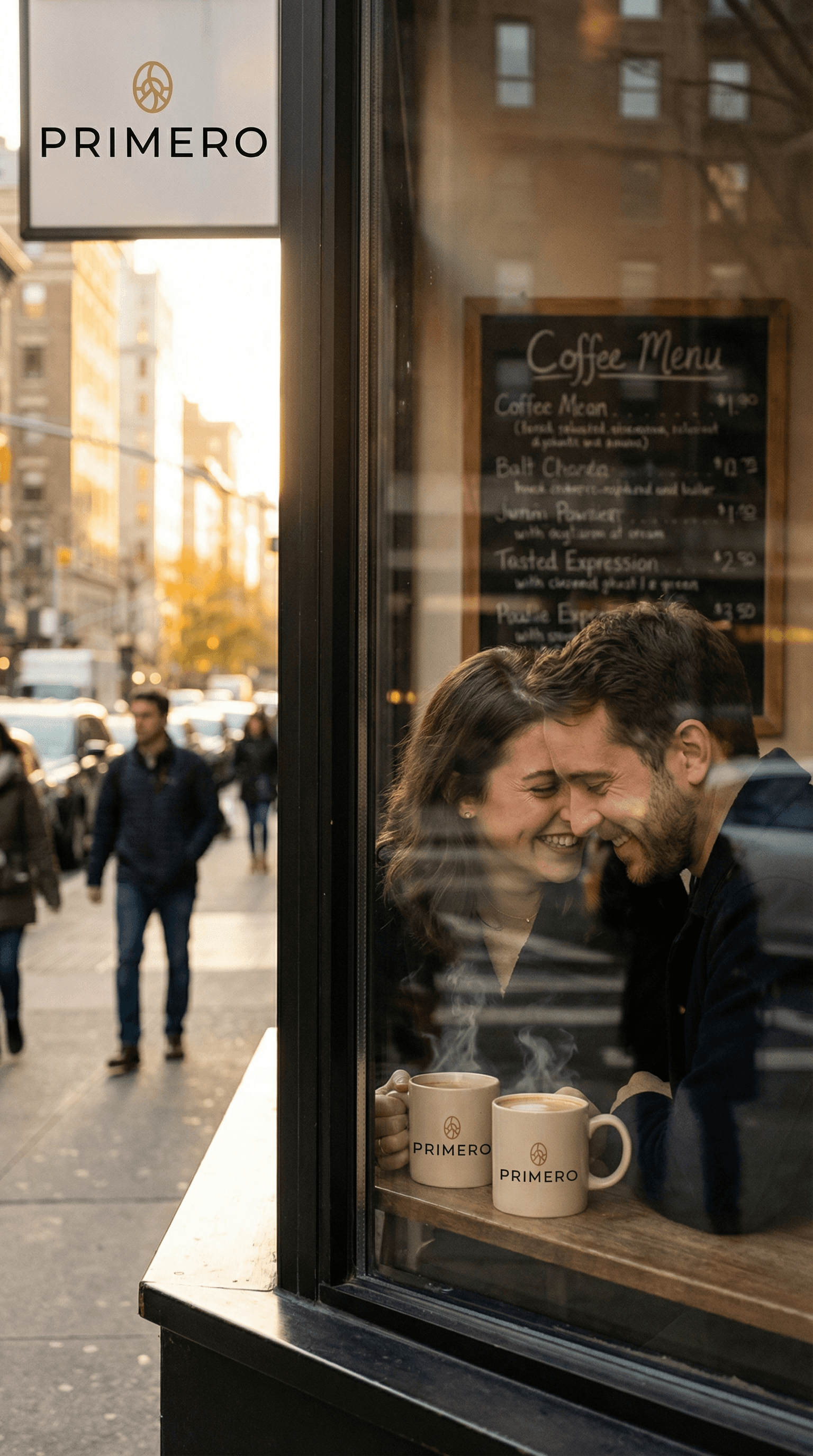 Couple enjoying PRIMERO coffee inside a city cafe