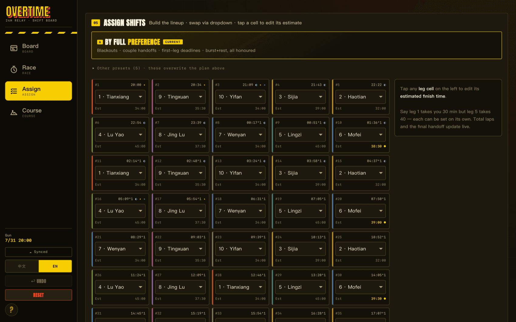The assign screen: a grid of 39 leg cards, each with a runner dropdown and its own estimated time