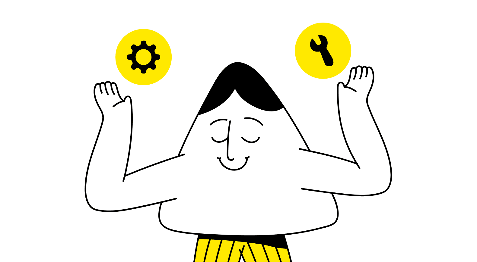 Personagem meditando entre ícones de ferramentas e engrenagens, simbolizando as habilidades técnicas e relacionais necessárias para uma carreira em UX.